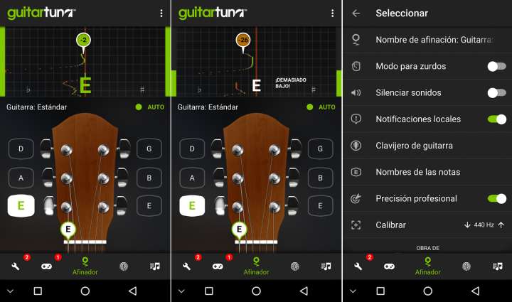 afinador para android de  guitarra de 6,7 y 12 cuerdas, Ukelele, Cavaquinho, bajo, violin, mandolina, banjo y balalaica