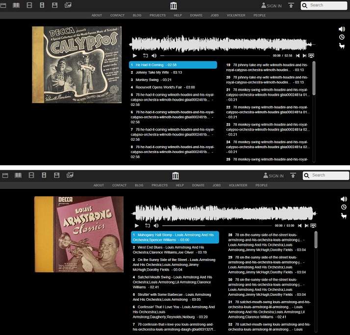 Discos de 78 RPM de gramófono digitalizados gratis para descargar en MP3 FLAC 24 bits, TIFF, Torrent, VB3 M3U de artistas como Frank Sinatra o Louis Armstrong de pop, jazz, brass bands, musica clásica y opera.