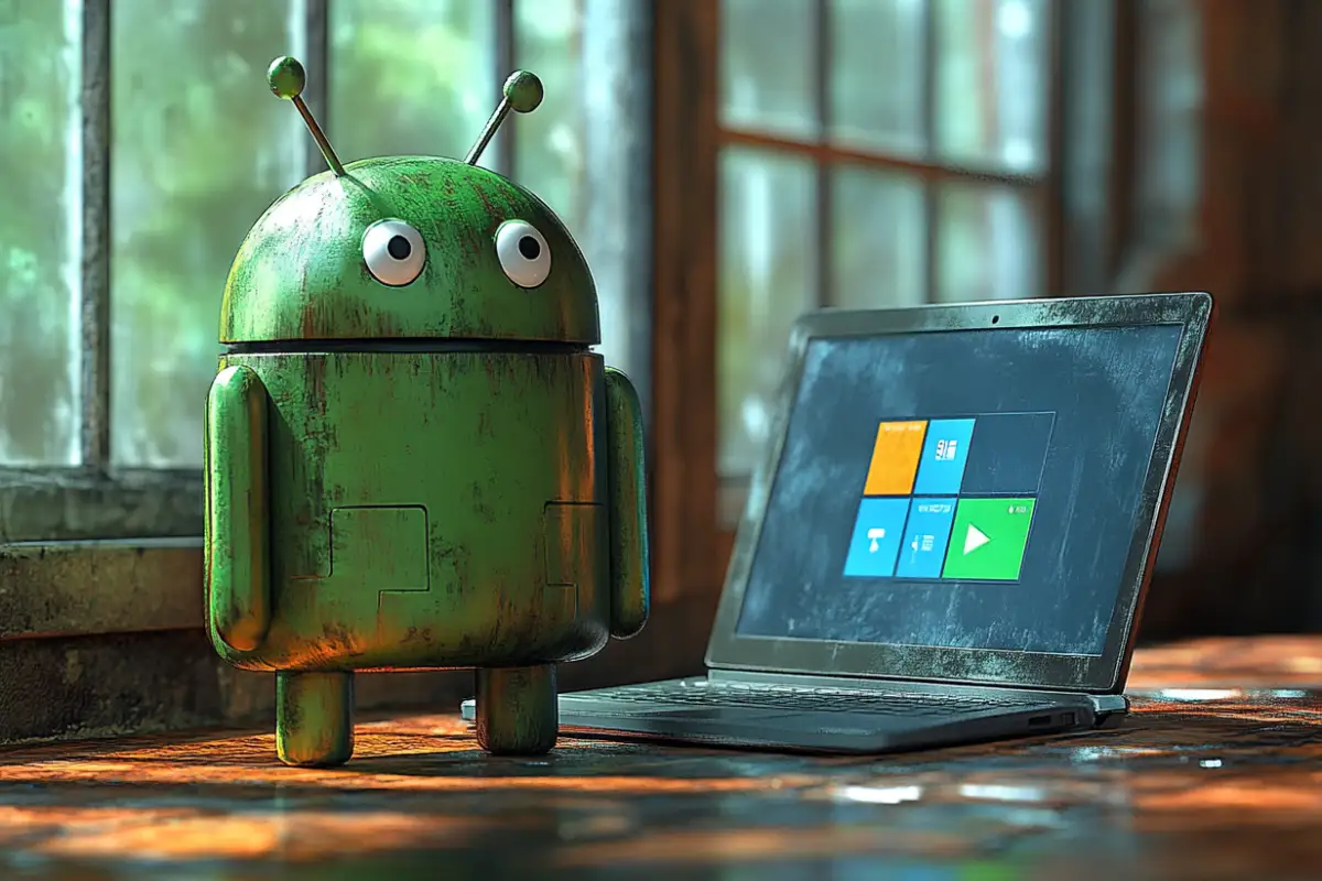 apps de escritorio remoto para android la mascota de android al lado de un portatil