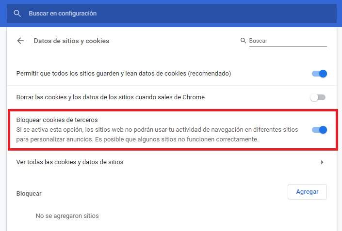 deshabilitar o quitar las cookies de terceros y cookies first party en Google Chrome que rastrean o espian tu actividad y páginas que visitas