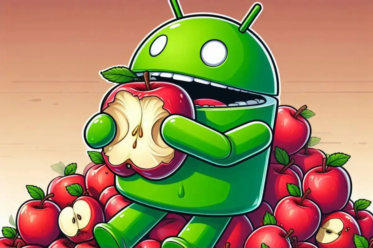 apps exclusivas de android que no estan en iphone la mascota de android comiendo manzanas