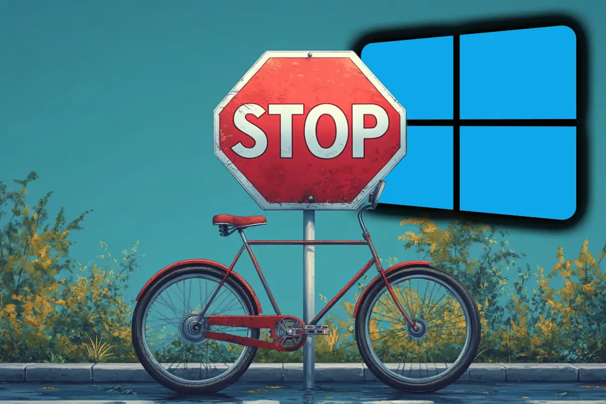 como bloquear aplicaciones en windows una bicicleta junto a una senal de stop y el logo de windows