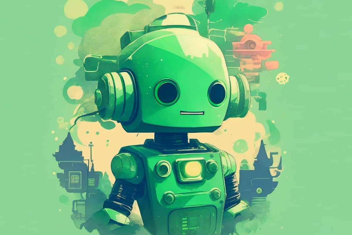 Un androide verde repleto de funcionalidades mirando al infinito