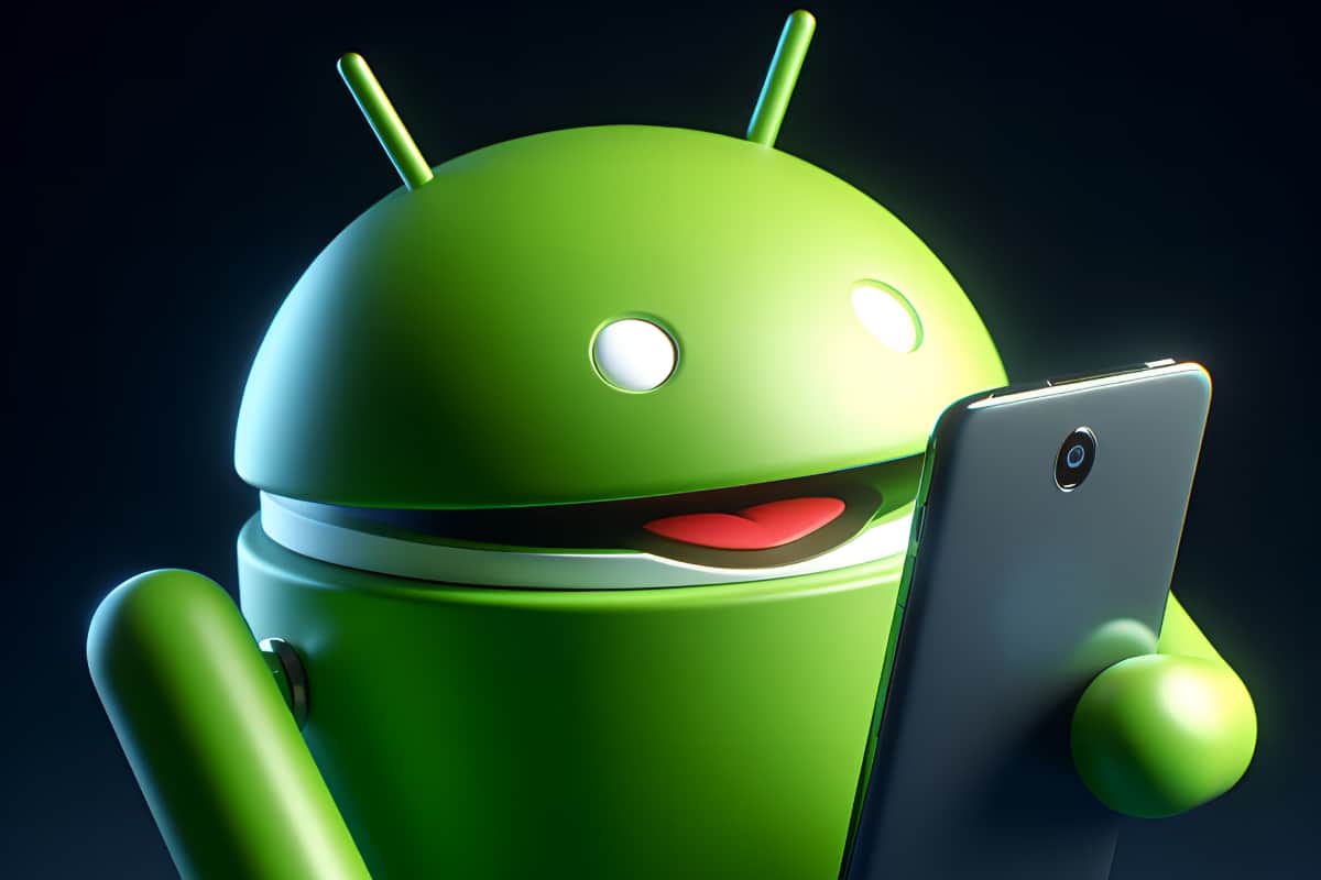 Las mascota de Android mirando su smartphone