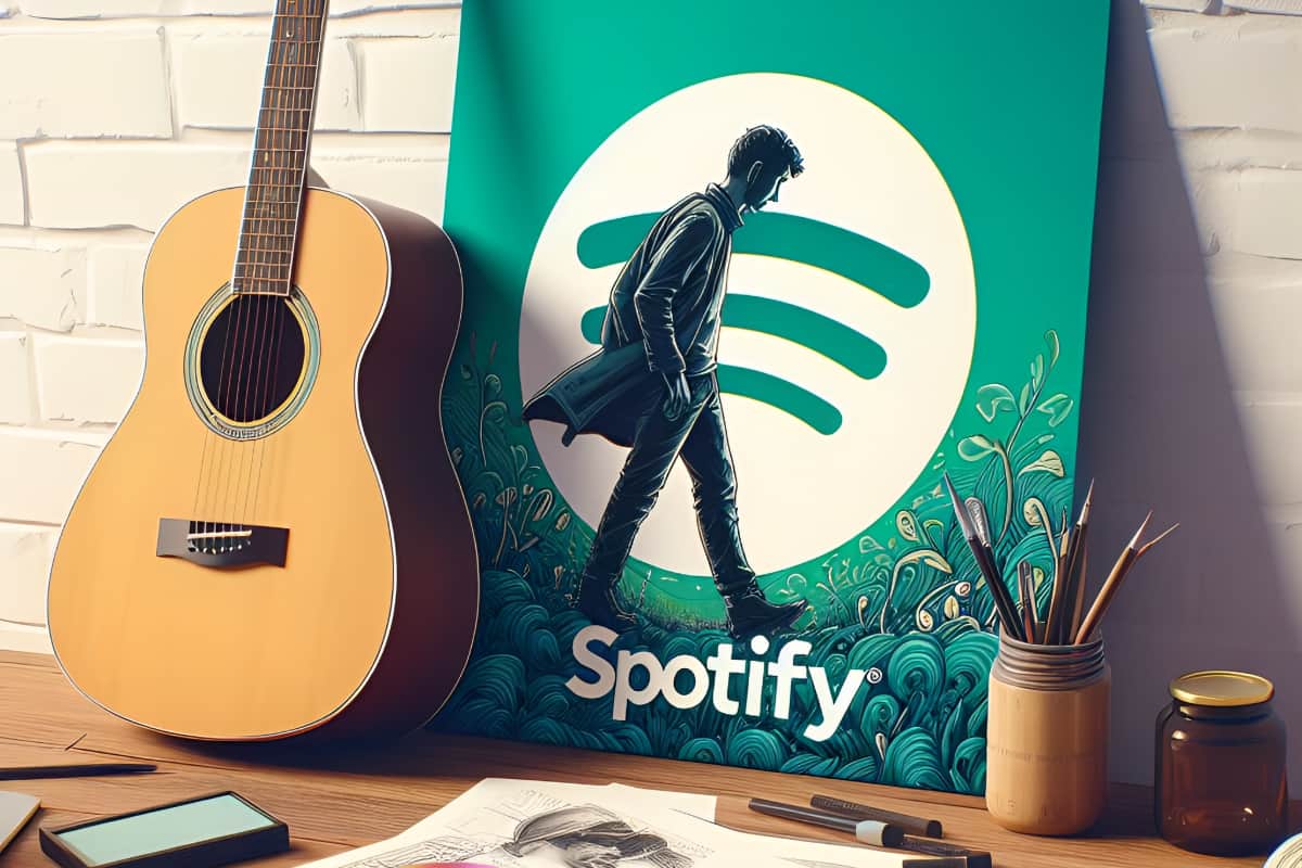 Una guitarra apoyada sobre el logo de Spotify