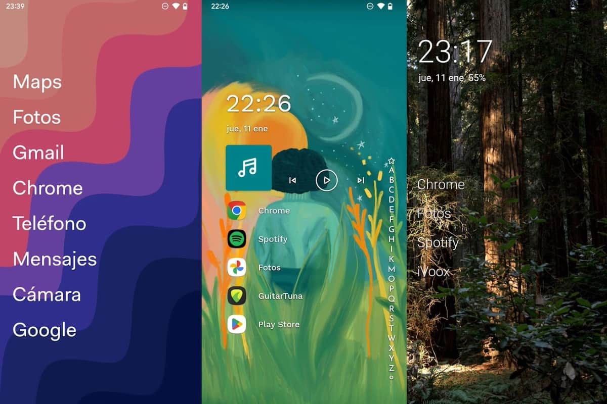 3 pantallas de inicio de launchers con diseño minimalista para Android