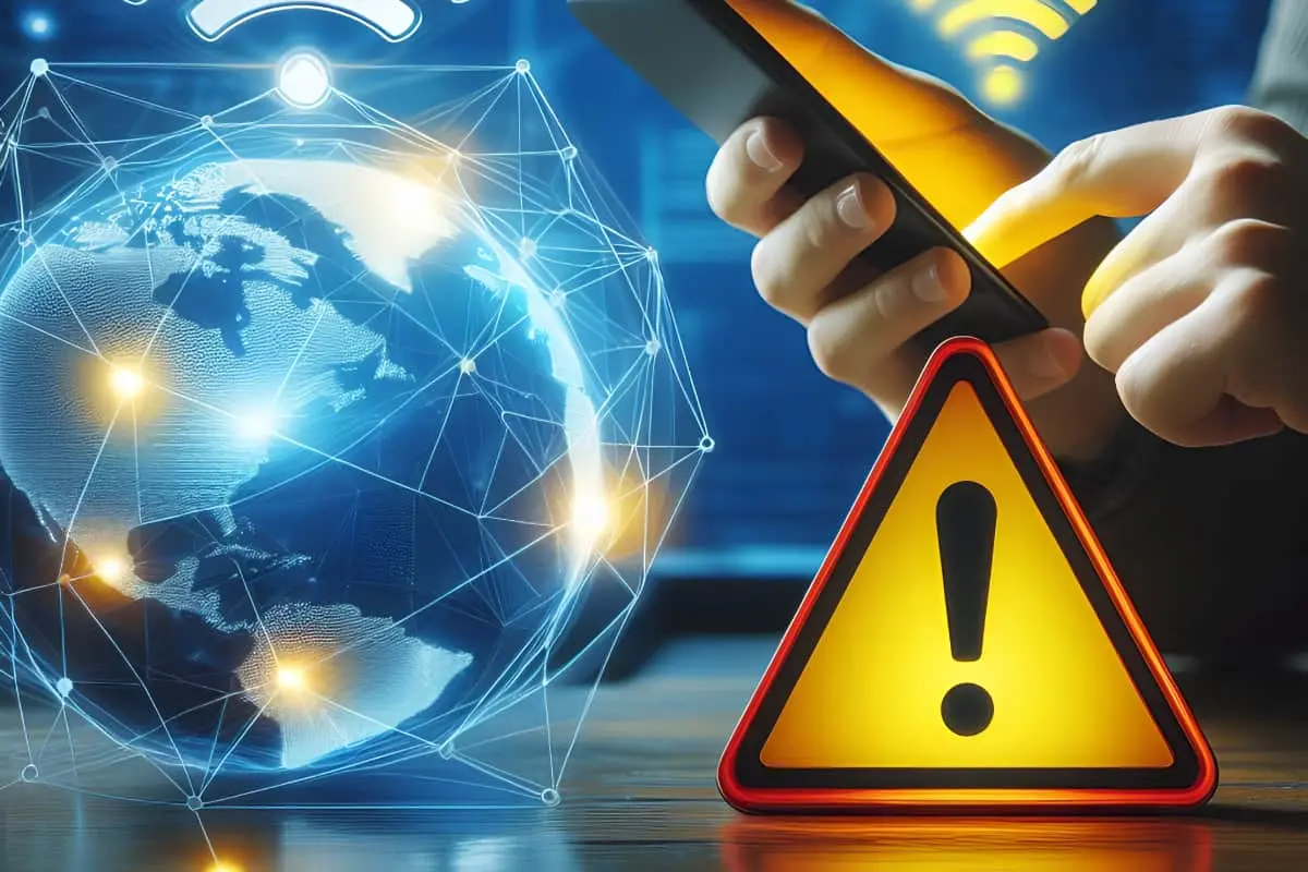 Detectada-vulnerabilidad-wifi-en-Android Un simbolo de alerta y un móvil conectándose a internet