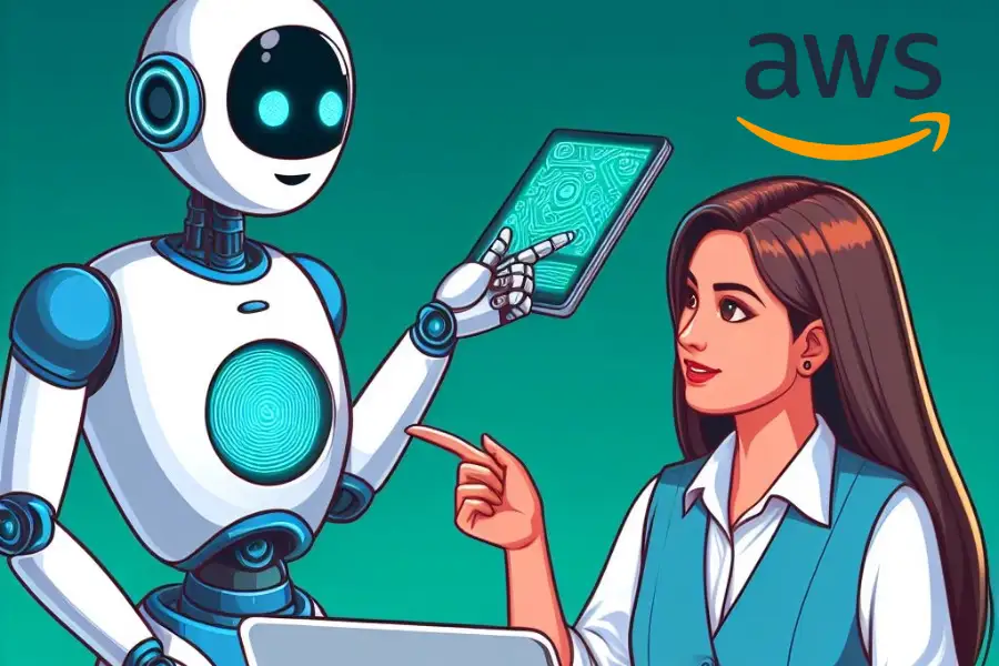 Amazon cursos online gratuitos sobre IA generativa Una IA generativa enseñando y una persona aprendiendo