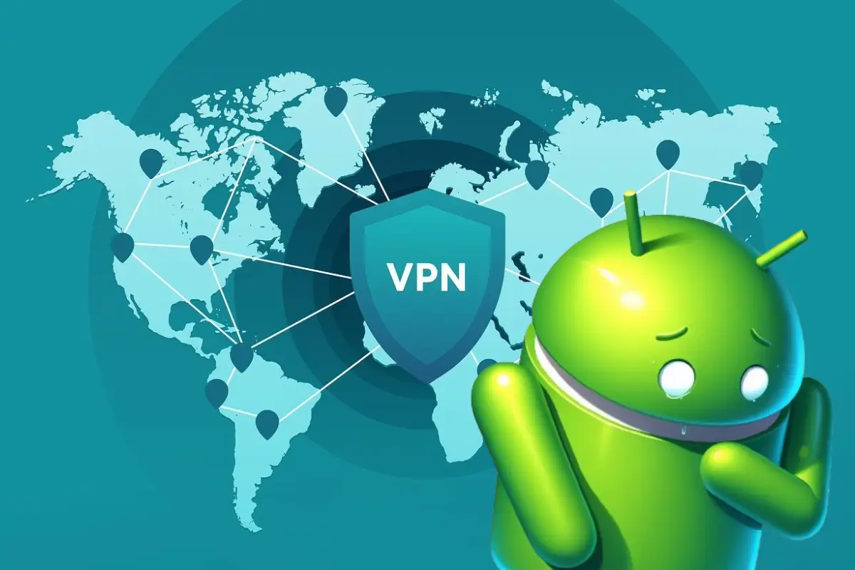 Detectan VPN gratis infectadas con malware Android El mapa del mundo con un escudo de VPN y la mascota de Android avergonzada