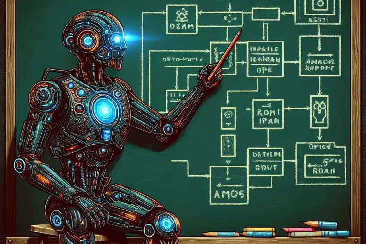 Crear diagrama de flujo con ChatGPT Robot en una pizarra con un flujograma