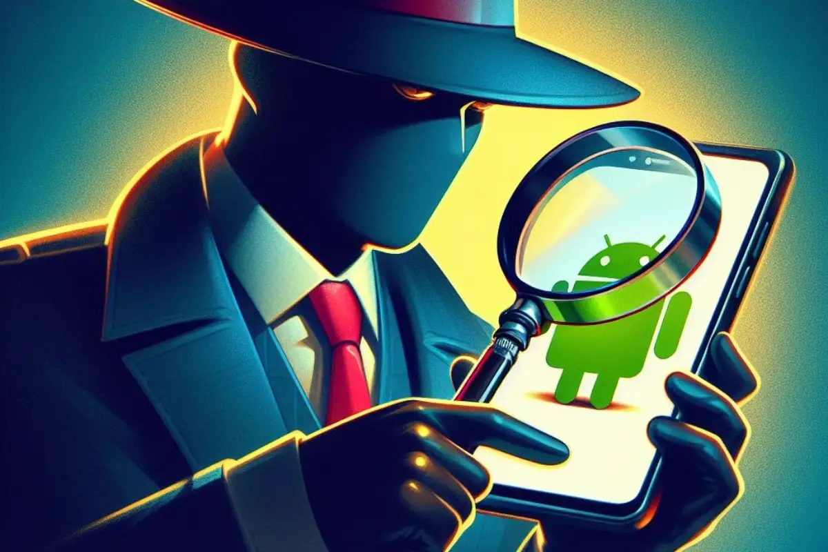 Funciones ocultas para Android Un detective mirando con lupa un móvil Android
