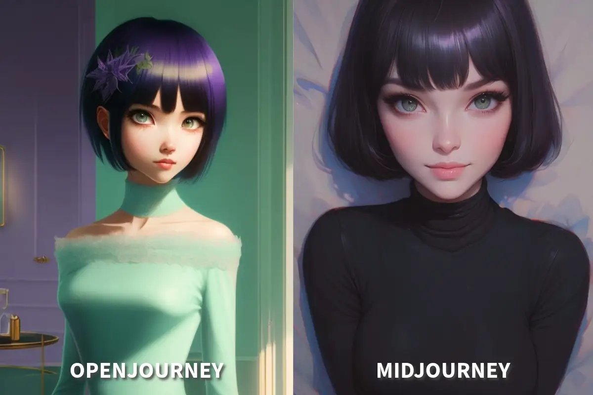 Openjourney versus Midjourney Dos chicas de pelo corto negro