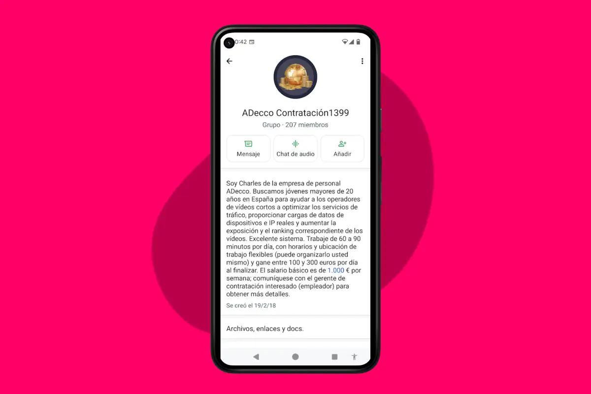 whatsapp estafa phishing adecco pantallazo del falso grupo de whatsapp de adecco