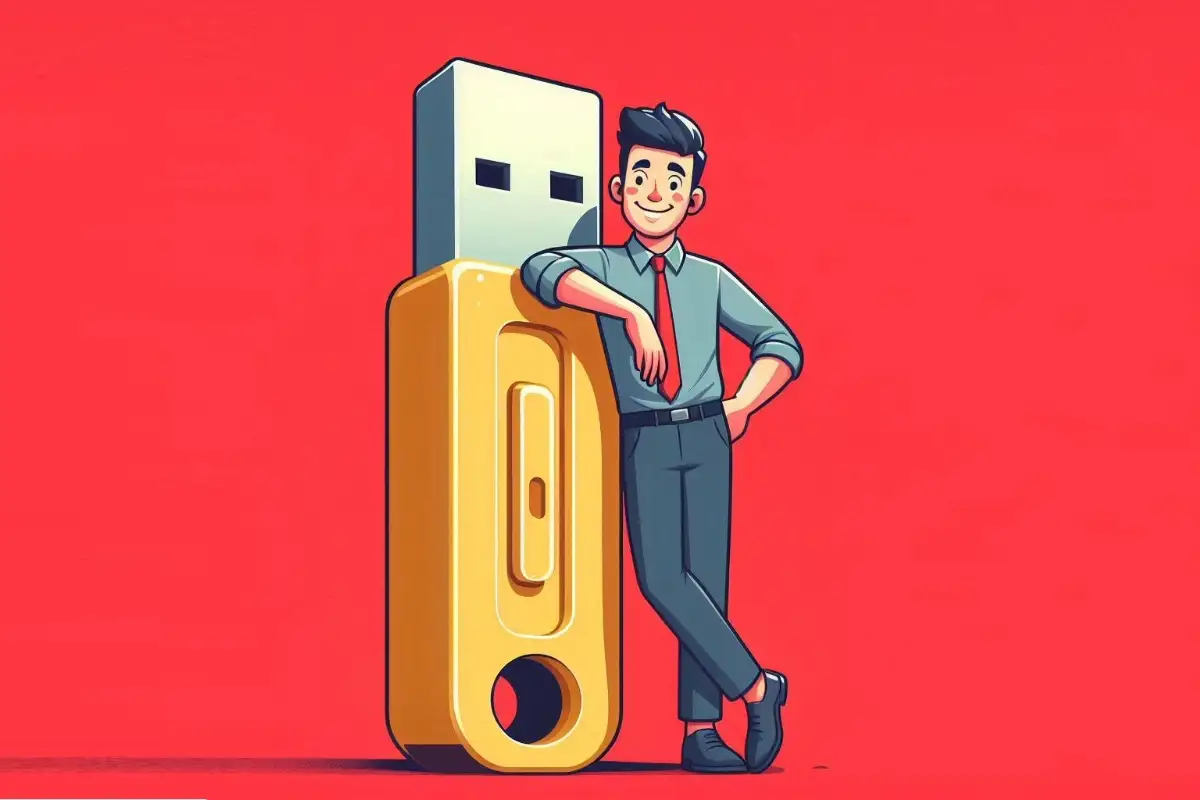 proteger pendrive usb contra escritura modificaciones y borrado hombre apoyado sobre pendrive gigante