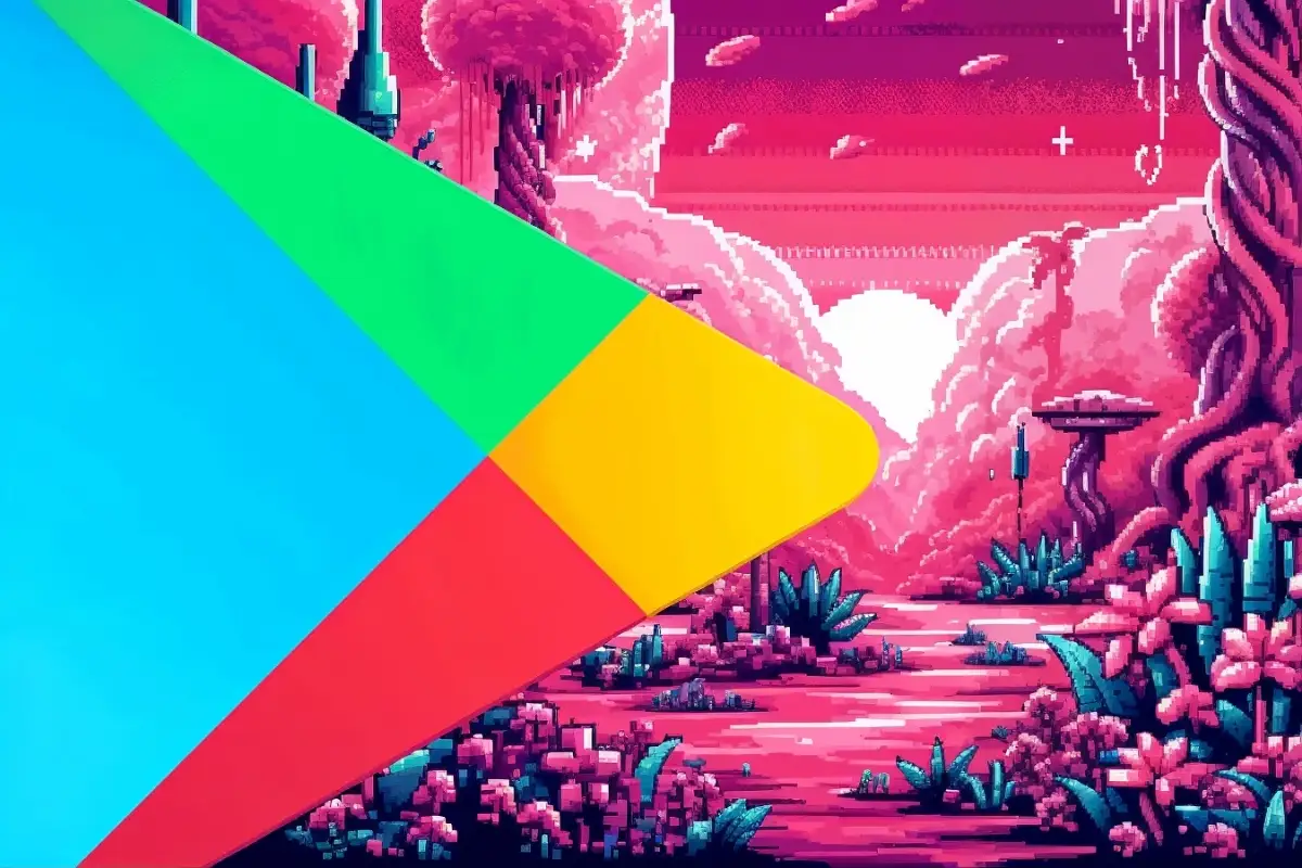 joyas ocultas para android portada 1 el logo de play store sobre un bosque color rosa