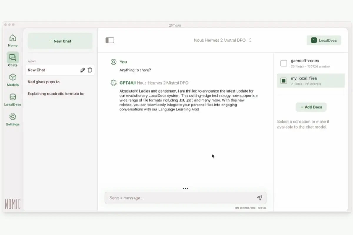 generadores de texto ia para pcs de gama baja y poca ram la interfaz de gpt4all